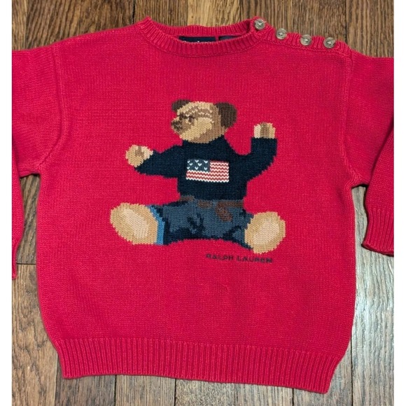 Vtg 90s Ralph Lauren Bear American Flag Crew Neck Sweater Red Cotton Buttons 4T - Picture 2 of 8